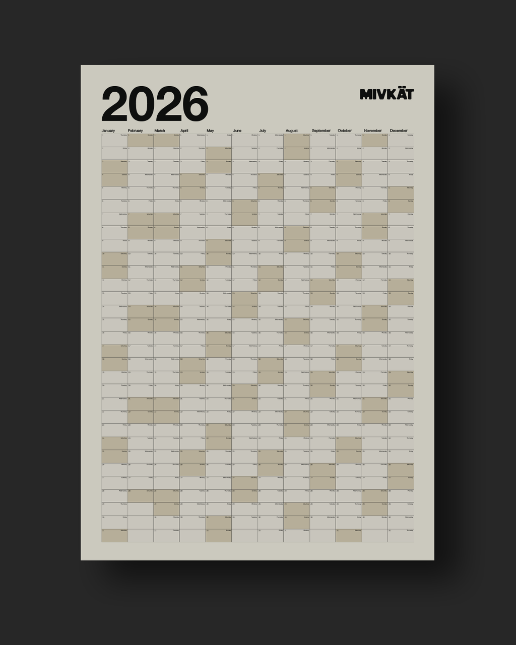 2026 Mivkat Yıllık Takvim