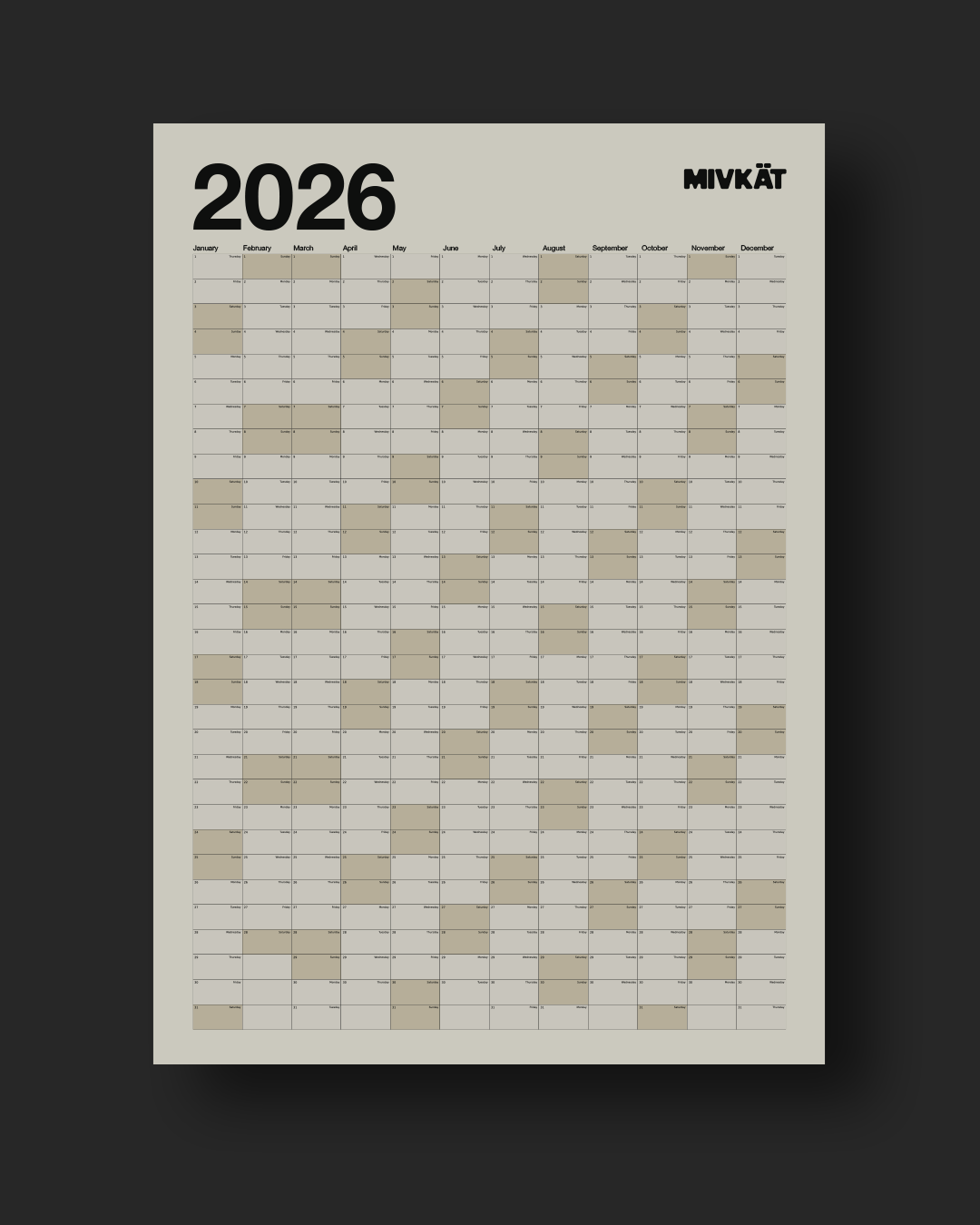 2026 Mivkat Yıllık Takvim