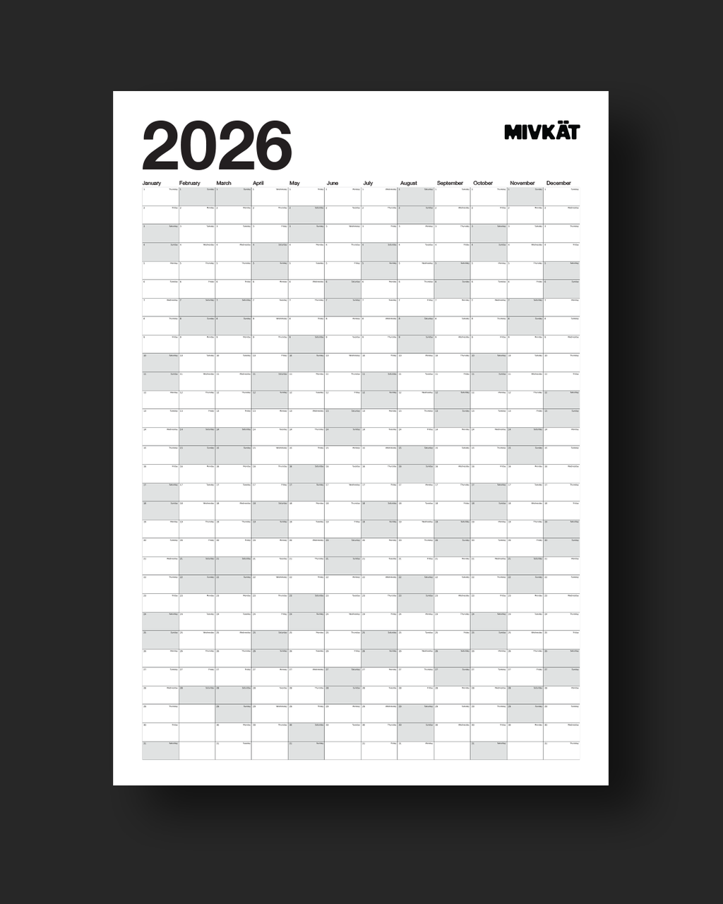 2026 Mivkat Yıllık Takvim