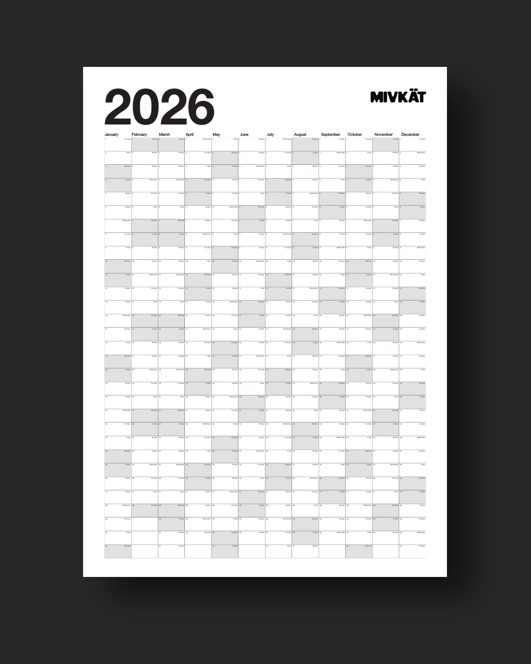 2026 Mivkat Yıllık Takvim